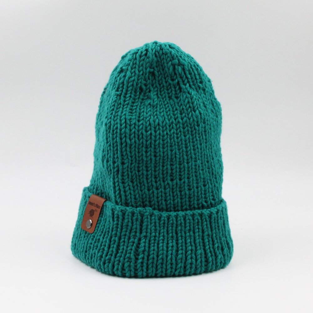 Handmade Hand Knit Caribbean Blue Green Merino Wool Ribbed Knit Beanie  Hat